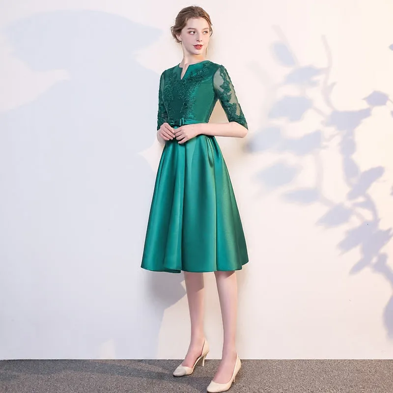 Green Satin Lace Knee Length Short Sleeves Bridesmaid Dress, Green Short Party Dress Homecoming Dress