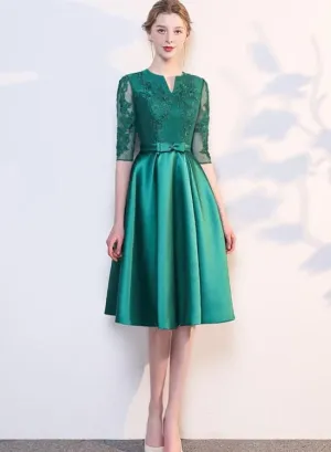 Green Satin Lace Knee Length Short Sleeves Bridesmaid Dress, Green Short Party Dress Homecoming Dress