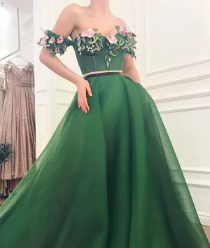 Green sweetheart off shoulder long prom dress, green evening dress