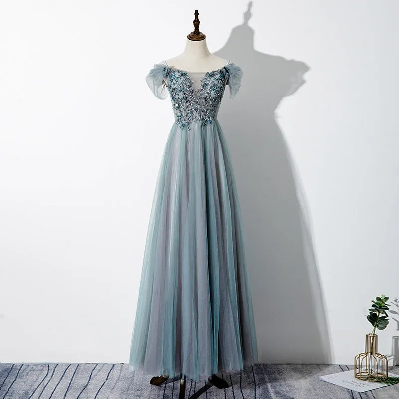 Green Tulle Lace Applique Off Shoulder Party Dress, A-line Long Formal Dress