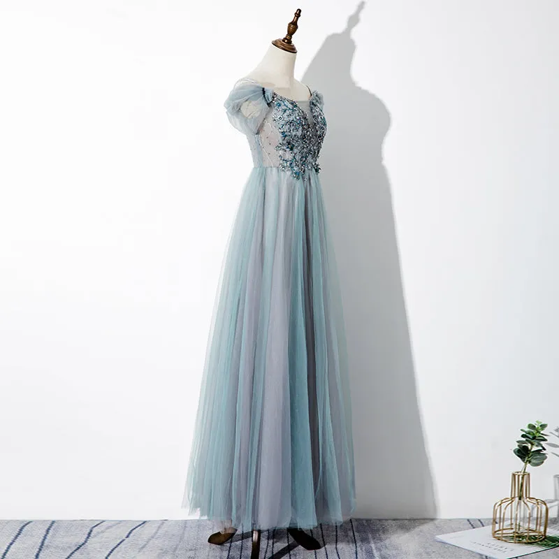 Green Tulle Lace Applique Off Shoulder Party Dress, A-line Long Formal Dress