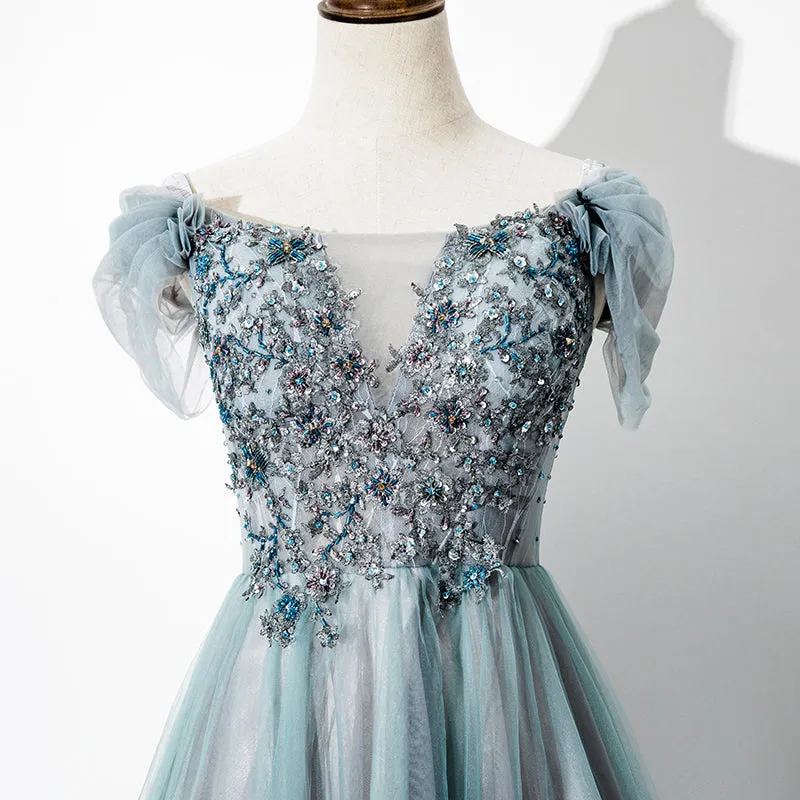 Green Tulle Lace Applique Off Shoulder Party Dress, A-line Long Formal Dress