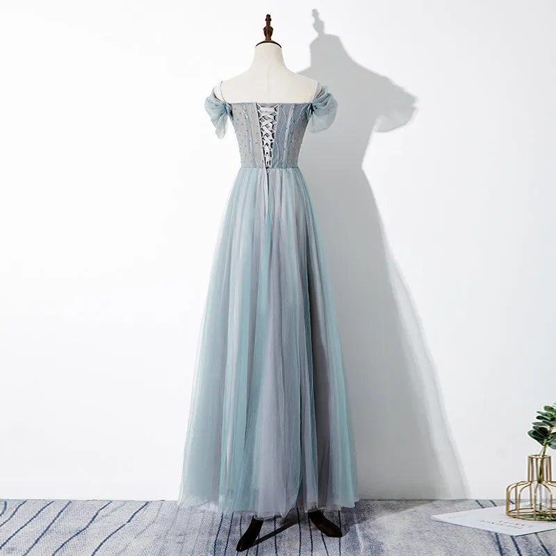 Green Tulle Lace Applique Off Shoulder Party Dress, A-line Long Formal Dress
