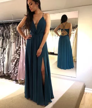 Green v neck chiffon long prom dress, green evening dress