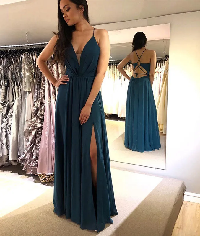 Green v neck chiffon long prom dress, green evening dress