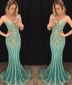 Green v neck mermaid long prom dress, green evening dress