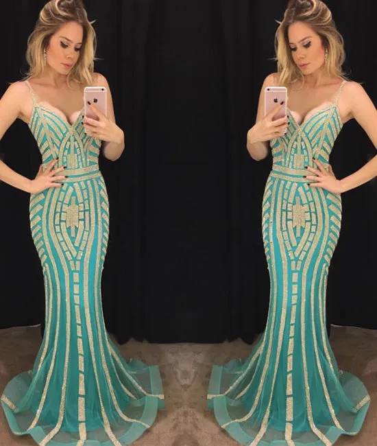 Green v neck mermaid long prom dress, green evening dress