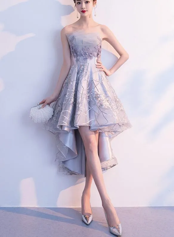 Grey Lace High Low Party Dresses , Grey Homecoming Dresses , Formal Dresses