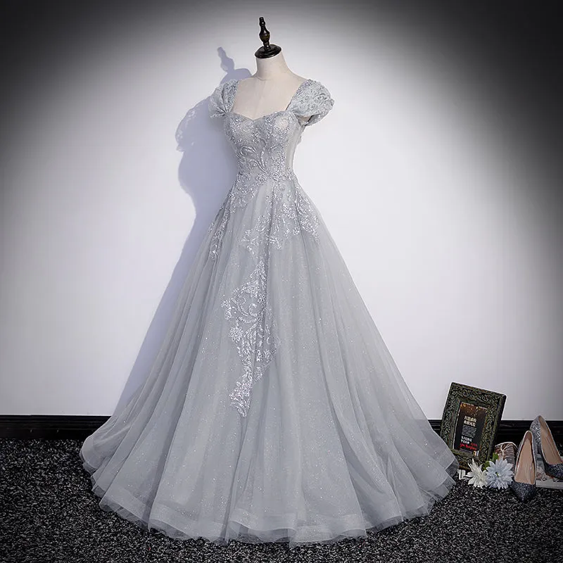 Grey Sweetheart Lace and Tulle A-line Evening Dress, Light Grey Prom Dress