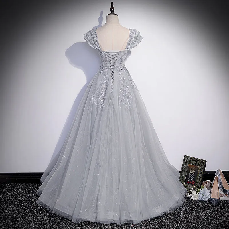 Grey Sweetheart Lace and Tulle A-line Evening Dress, Light Grey Prom Dress