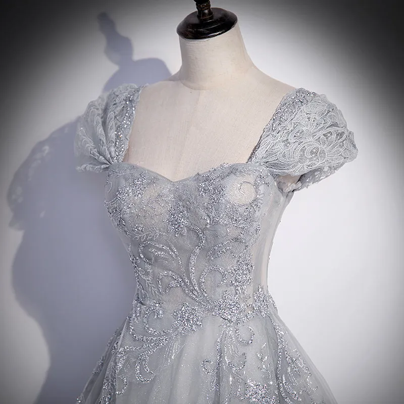 Grey Sweetheart Lace and Tulle A-line Evening Dress, Light Grey Prom Dress