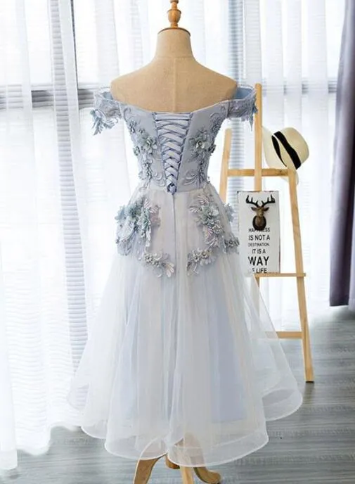 Grey Tulle Tea Length Off Shoulder Elegant Party Dress, Handmade Formal Dress, Formal Dress