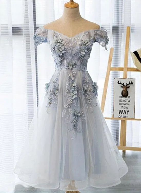 Grey Tulle Tea Length Off Shoulder Elegant Party Dress, Handmade Formal Dress, Formal Dress