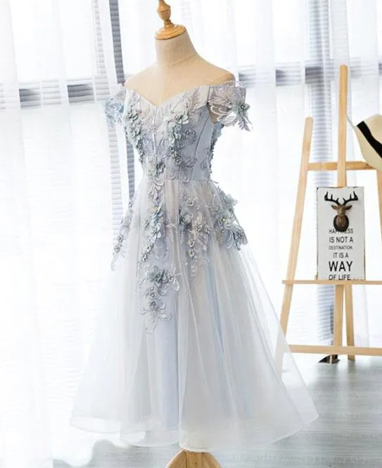 Grey Tulle Tea Length Off Shoulder Elegant Party Dress, Handmade Formal Dress, Formal Dress