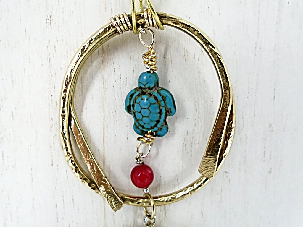 Handmade Boho Double Dangling Pendant Necklace with Hammered Texture & Howlite Turtle
