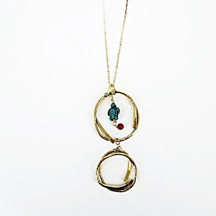 Handmade Boho Double Dangling Pendant Necklace with Hammered Texture & Howlite Turtle