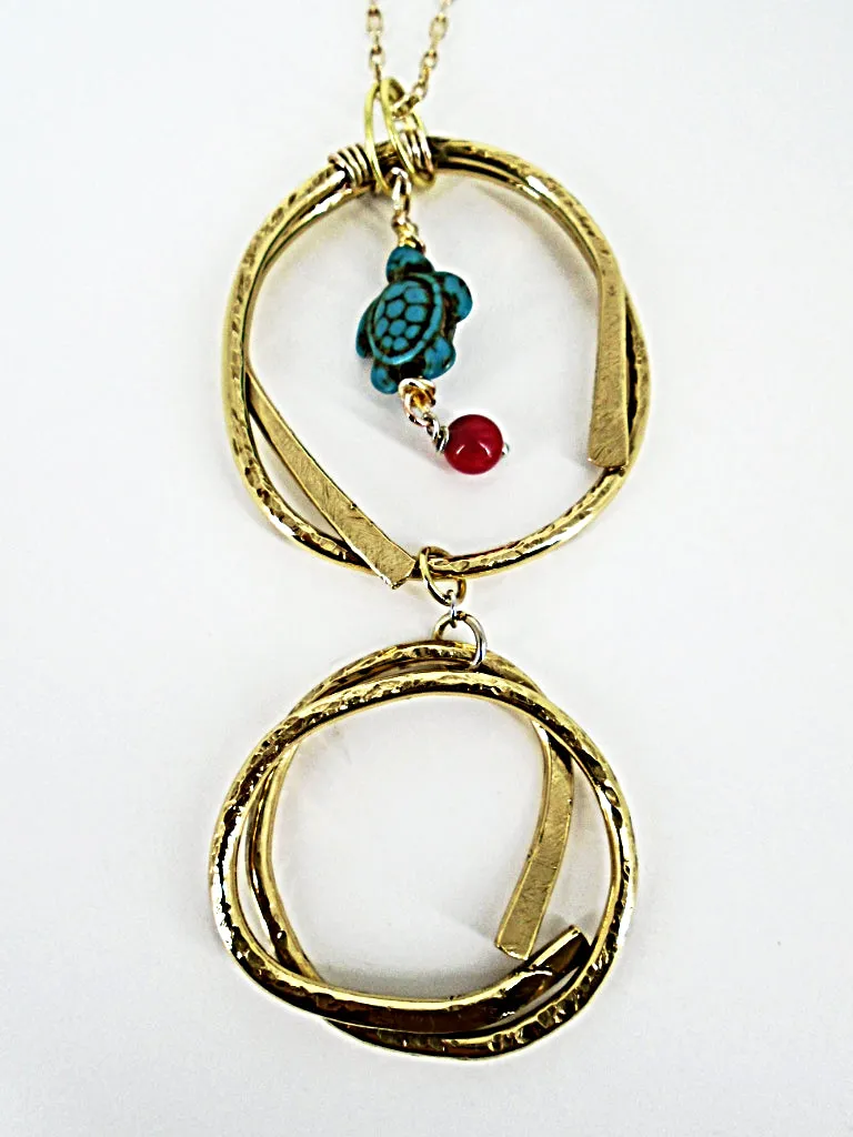 Handmade Boho Double Dangling Pendant Necklace with Hammered Texture & Howlite Turtle