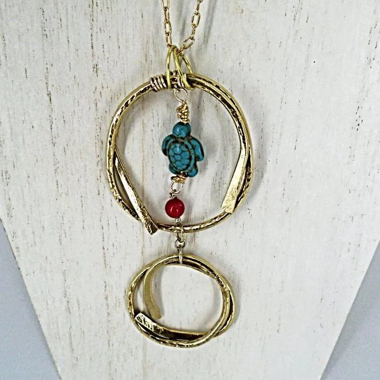 Handmade Boho Double Dangling Pendant Necklace with Hammered Texture & Howlite Turtle