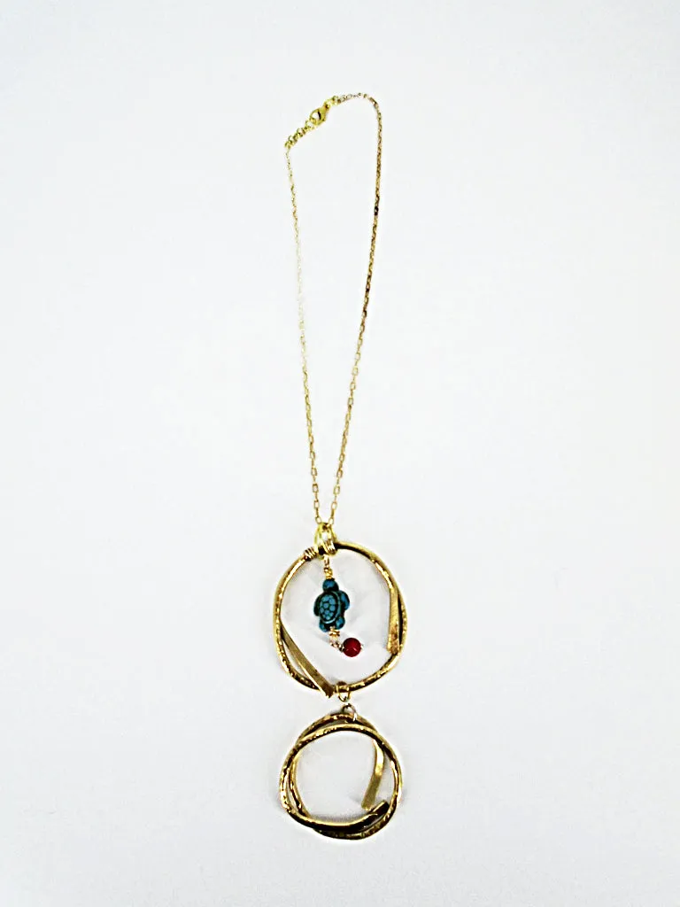 Handmade Boho Double Dangling Pendant Necklace with Hammered Texture & Howlite Turtle