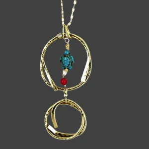 Handmade Boho Double Dangling Pendant Necklace with Hammered Texture & Howlite Turtle