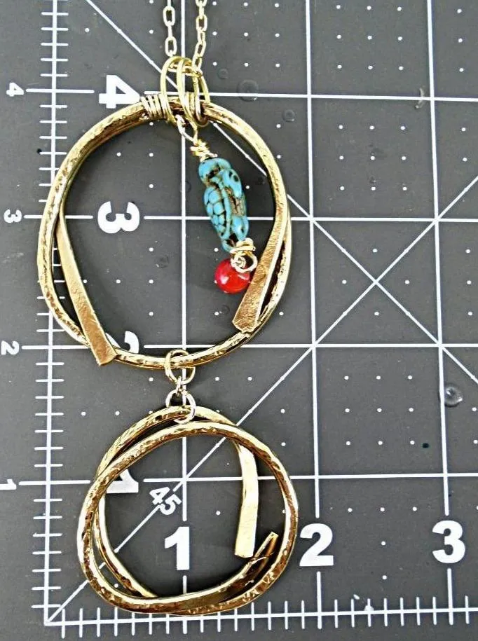 Handmade Boho Double Dangling Pendant Necklace with Hammered Texture & Howlite Turtle