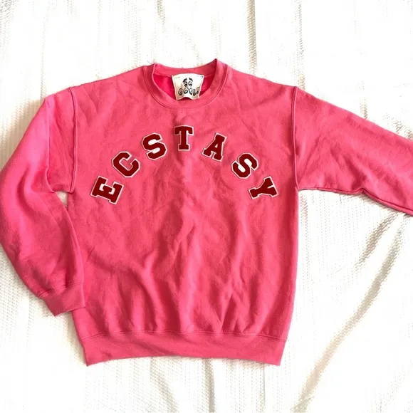 Handmade Hot Pink Varsity Letter Ecstasy Crew Neck Sweatshirt
