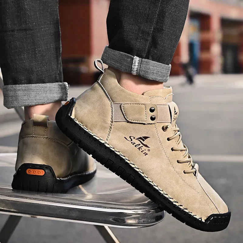 Handmade Leather Casual Men Shoes – Designer Sneakers, Breathable Leather Ankle Boots for Men, Outdoor Footwear