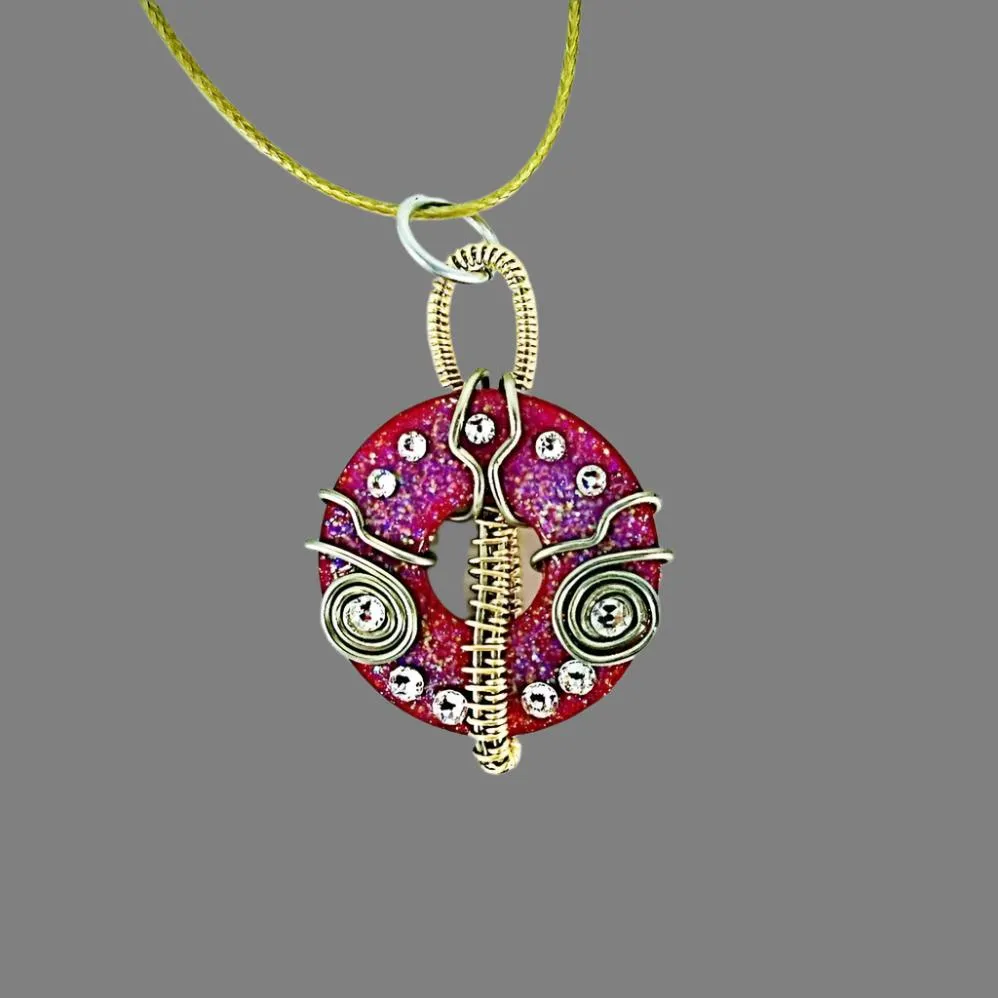 Handmade Red Bohemian Style Metal Pendant with Swarovski Crystals – Unique Gift Idea