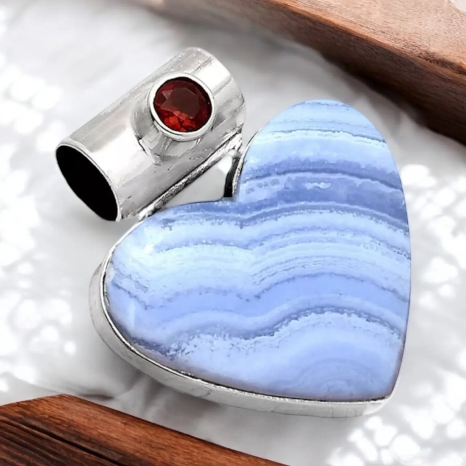 HEART Blue Lace Agate & Garnet Solid 925 Sterling Silver Pendant