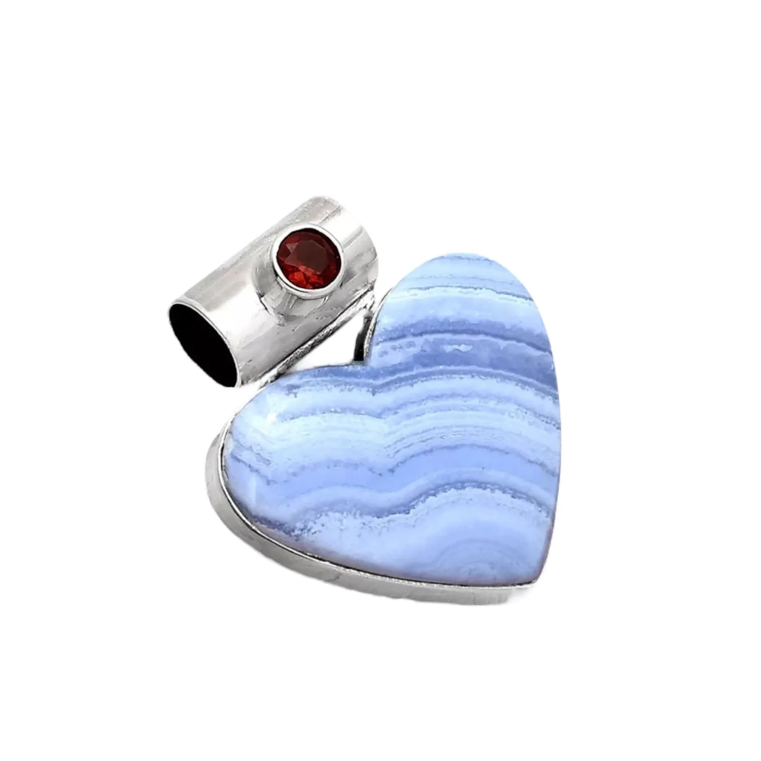 HEART Blue Lace Agate & Garnet Solid 925 Sterling Silver Pendant