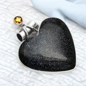 HEART Blue Sandstone & Citrine Solid 925 Sterling Silver Pendant