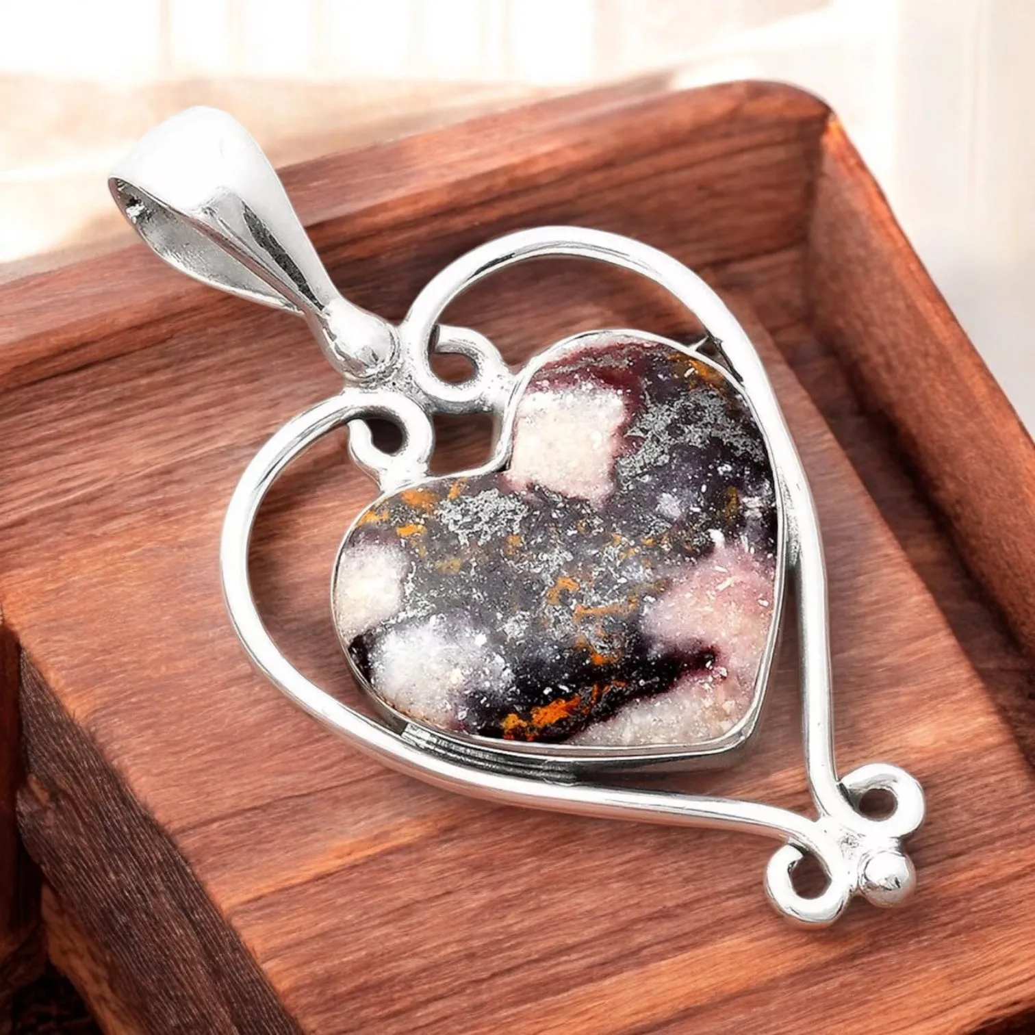 HEART Indian Blanket Jasper Solid 925 Sterling Silver Pendant