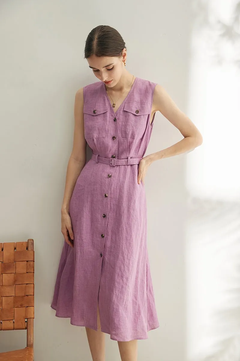 High Density Floral Linen V-Neck Sleeveless Shirt Dress