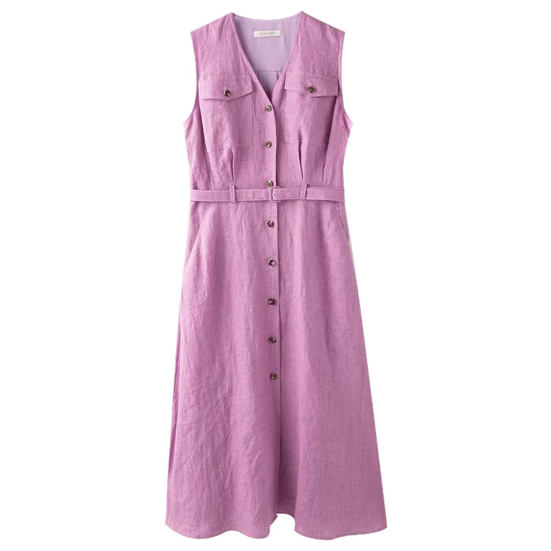 High Density Floral Linen V-Neck Sleeveless Shirt Dress