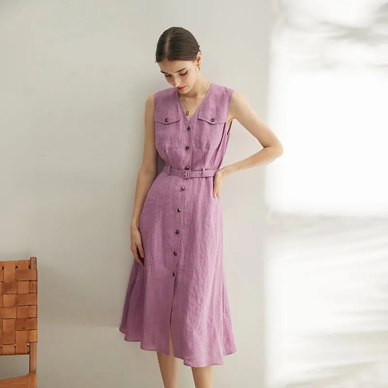 High Density Floral Linen V-Neck Sleeveless Shirt Dress