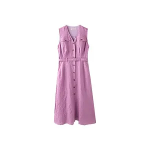 High Density Floral Linen V-Neck Sleeveless Shirt Dress