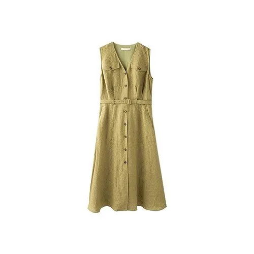 High Density Floral Linen V-Neck Sleeveless Shirt Dress