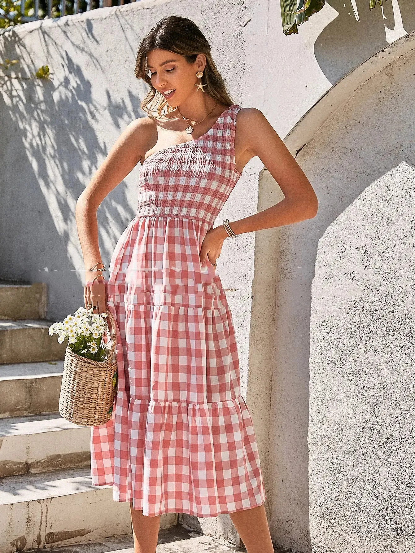 High Waist Red Cotton Ethnic Commuter Dress - Chic Long Dress