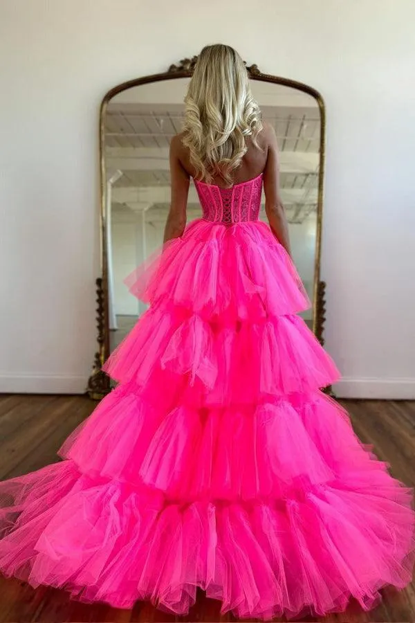 Hot Pink High Low Sweetheart Tiered Prom Dress Evening Dress PSK398