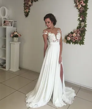 ivory chiffon lace round neck long prom dress, evening dress