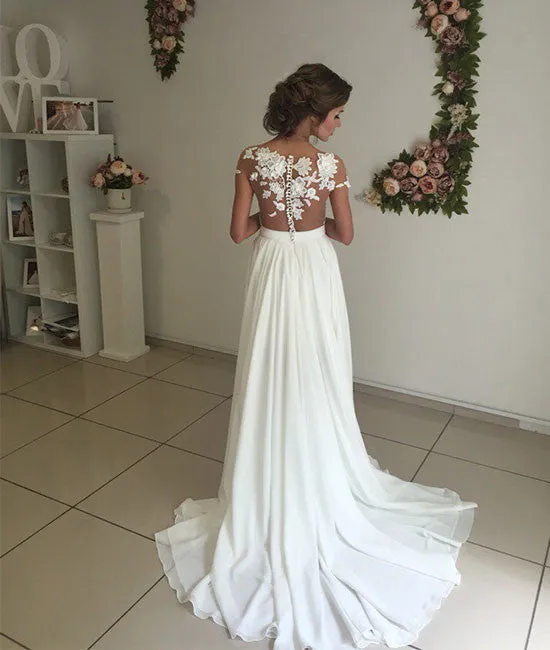ivory chiffon lace round neck long prom dress, evening dress