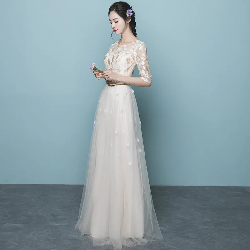 Ivory Elegant Short Sleeves Lace and Tulle Long Party Dress, A-line Ivory Long Bridesmaid Dresses
