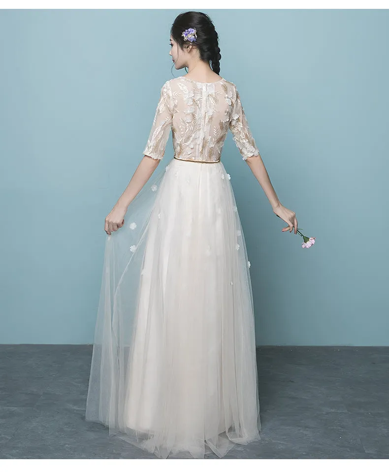 Ivory Elegant Short Sleeves Lace and Tulle Long Party Dress, A-line Ivory Long Bridesmaid Dresses