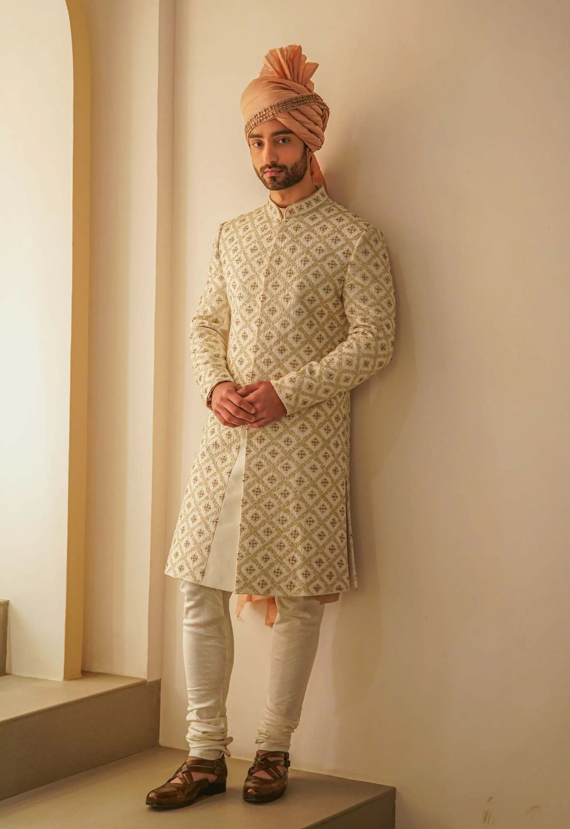 Ivory Jaal Embroidery Sherwani Set