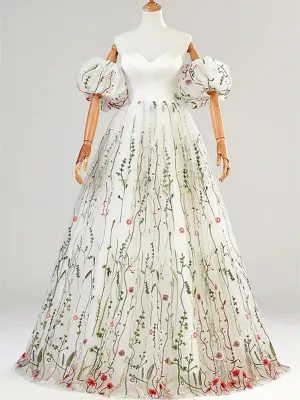 Ivory Tulle Lace Long Prom Dress, A-Line Strapless Off Shoulder Formal Dress