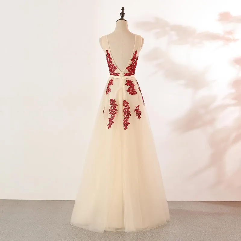 Ivory Tulle with Red Lace Applique V-neckline Prom Dress, Tulle V Back Formal Dress, Evening Dress