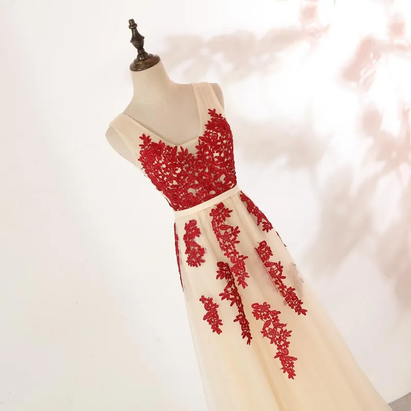 Ivory Tulle with Red Lace Applique V-neckline Prom Dress, Tulle V Back Formal Dress, Evening Dress