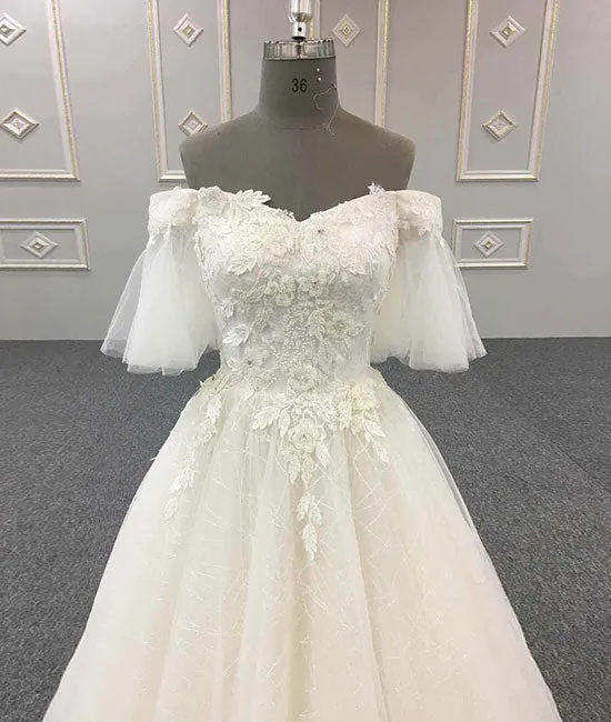 Ivory v neck tulle lace long prom dress, evening dress