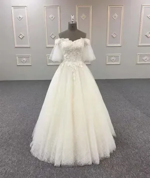 Ivory v neck tulle lace long prom dress, evening dress
