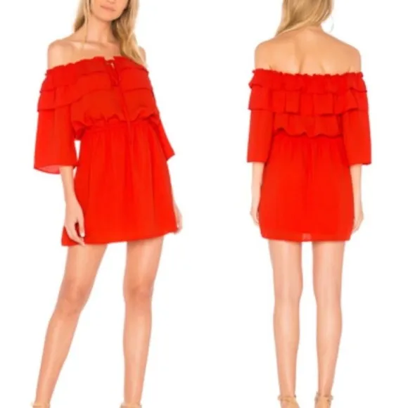JACK by BB Dakota Revolve Bowser Dress in Poppy Red Off Shoulder Ruffle XS NWT
